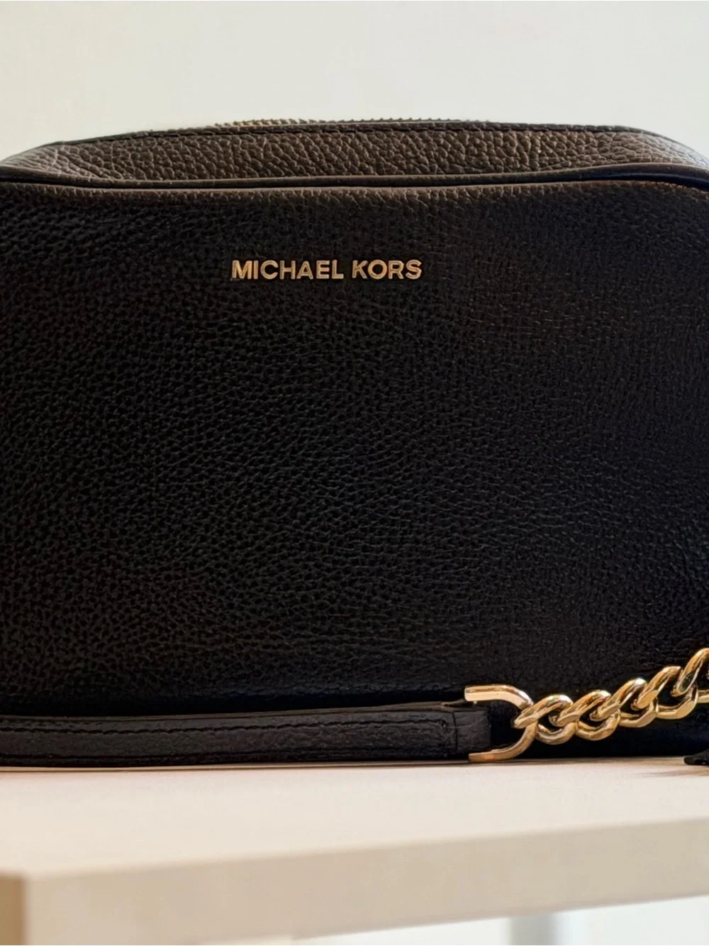 Michael Kors Black Pebbled Leather Camera Crossbody with Gold Hardware